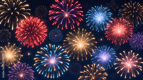 Seamless pattern of vibrant fireworks bursting in the night sky, glowing sparks in red, blue, gold, and purple, perfect as a festive background