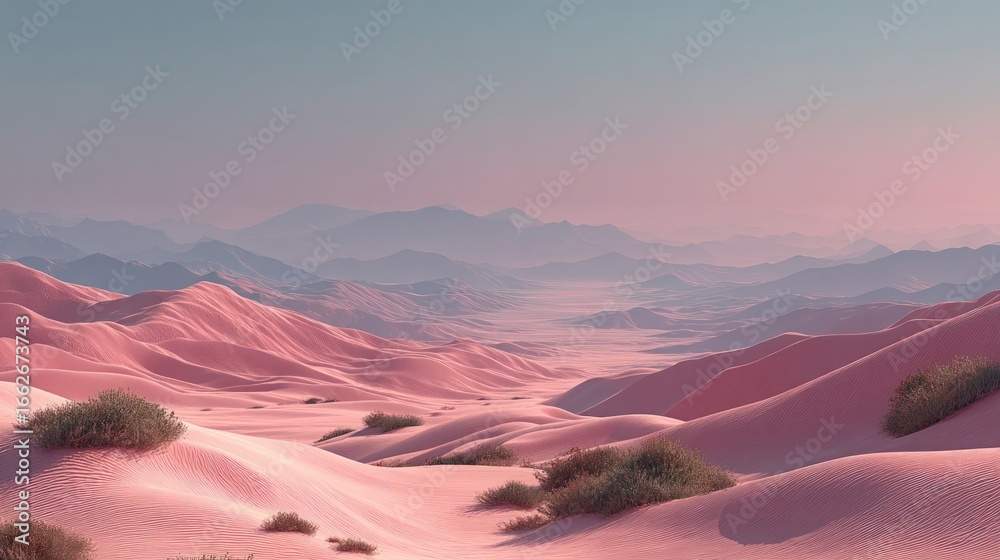 Naklejka premium Serene Pink Desert Landscape with Smooth Dunes and Distant Mountains