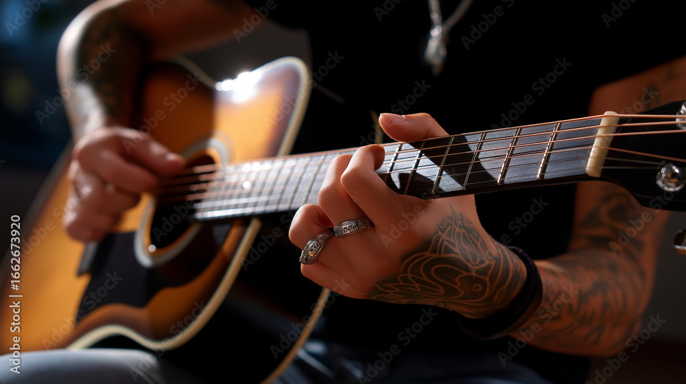 Fototapeta premium Tattooed Musician Strumming Guitar with Gleaming Metal Strings