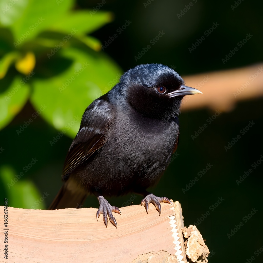 Obraz premium Dark Bird Perched with Green Background