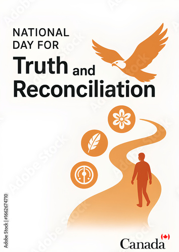 Minimalist poster for national day for truth and reconciliation with orange eagle, indigenous symbols, walking figure and Canada wordmark on white background