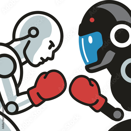 Two distinct robot boxers face off against each other, showcasing unique designs and colors. The setting emphasizes a modern and competitive atmosphere in the realm of futuristic sports.