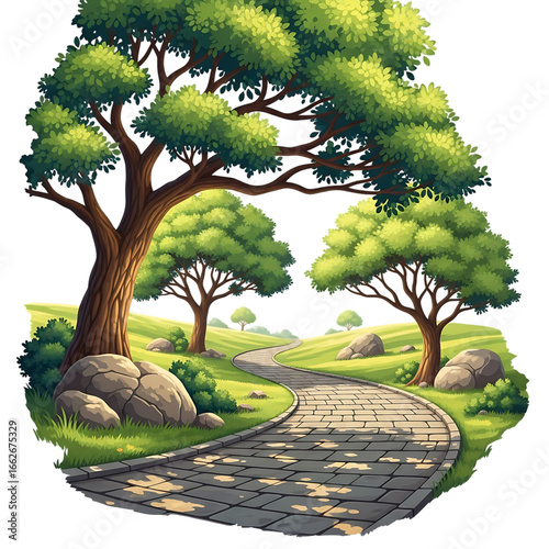 Illustration of a winding stone pathway through a lush green park with large trees and rocks, leading towards a gentle hill under a bright, sunny sky, isolated on transparent background