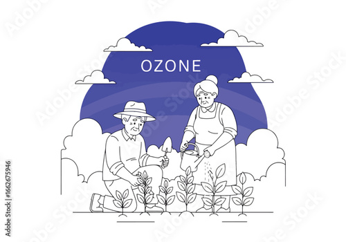 Illustration of people planting to protect the ozone layer and the environment.