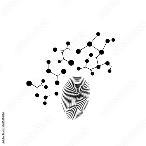 Fingerprint scan with molecular structure diagrams in black and white on a plain white background
