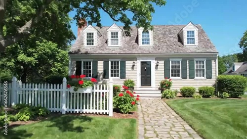 Exterior of a house with a white picket fence and red flowers in the garden
