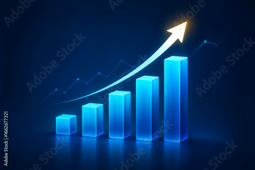 3D White Bar Graph with Upward Arrow and Glowing Lines on Dark Blue Background