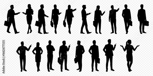 Silhouettes of diverse business professionals in various poses, including walking, standing, and gesturing, against a transparent background.
