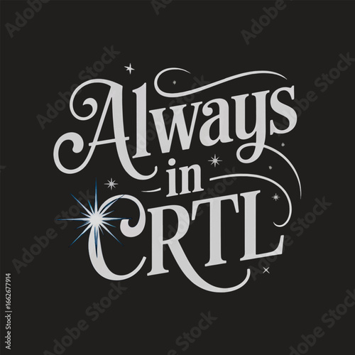 Always in CTRL Typographic Design with Stars and Swirls on Black Background ctrl typography