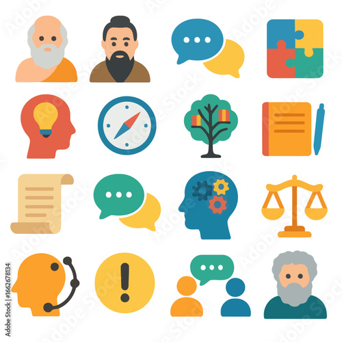 Philosophical Iconography: A vibrant, symbolic illustration featuring a collection of philosophical figures and concepts, including a puzzle, tree of knowledge, scale and open book.
