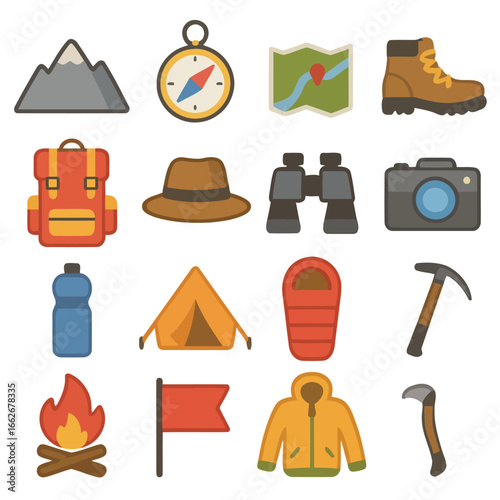 Essential Hiking Elements: A vibrant array of essential hiking items arranged in a visually pleasing pattern, perfect for representing outdoor adventure.