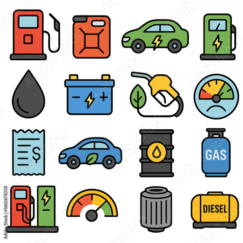 Energy Transition Icons: An array of vibrant, minimalist icons representing the dynamic shift towards sustainable energy sources, encompassing electric vehicles, eco-friendly fuel.