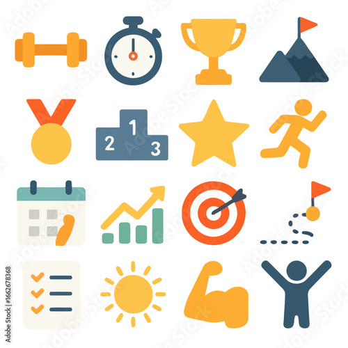 Icon Set of Motivational Elements: This collection of icons embodies a range of motivational concepts, from setting targets to achieving milestones, all in a clear and easily recognizable graphic. 