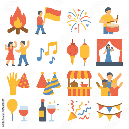 Party Icons: A collection of vibrant and stylized party icons, representing a diverse array of festive elements to evoke celebration. 