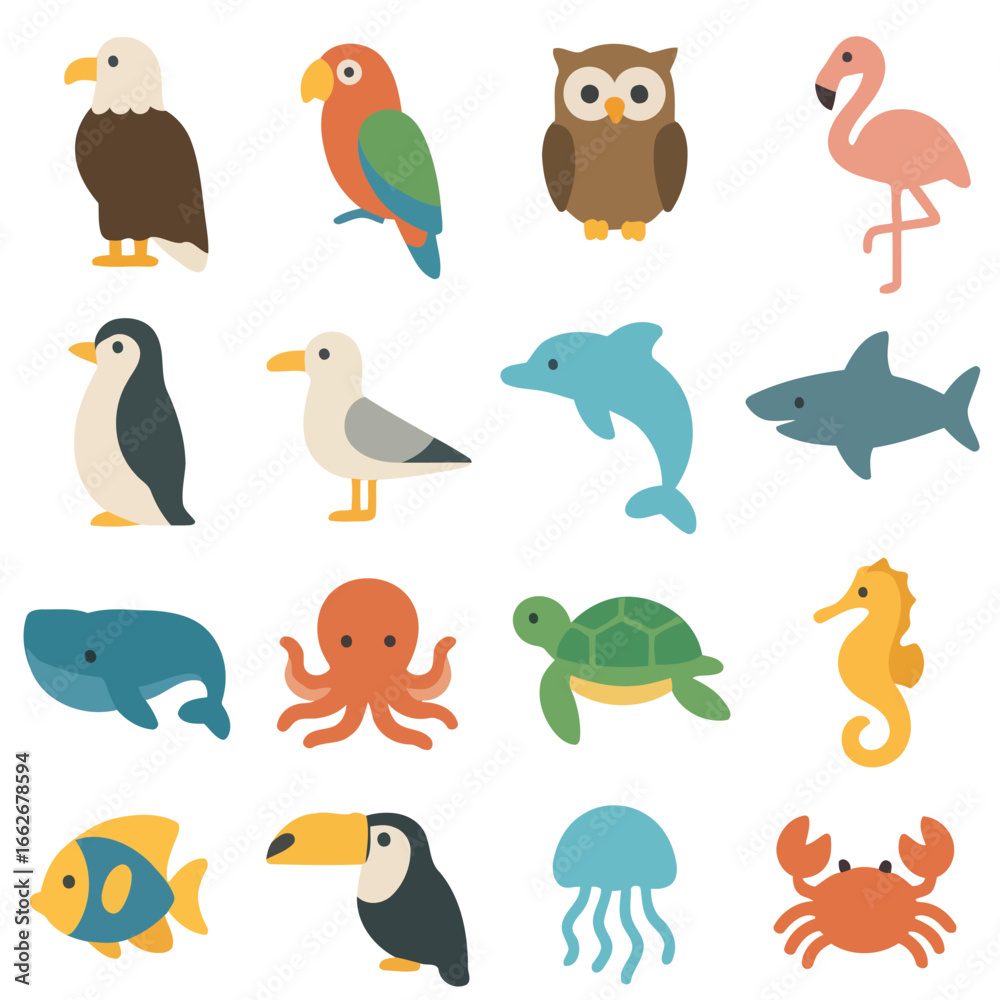 Diverse Wildlife Collection: A colorful and vibrant array of various illustrated wildlife animals and creatures. These illustrations, featuring a eagle, parrot, owl, flamingo, penguin, seagull. Diverse Wildlife Collection: A colorful and vibrant array of various illustrated wildlife animals and creatures. These illustrations, featuring a eagle, parrot, owl, flamingo, penguin, seagull.