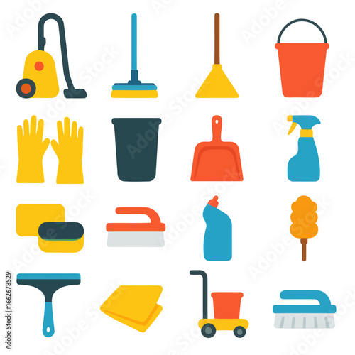 Assortment of Cleaning Essentials: A comprehensive collection of cleaning tools and supplies, encompassing vacuum cleaner, mop, broom, bucket, rubber gloves, trash can, dustpan, spray bottle, sponge.