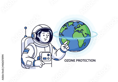 Astronaut pointing at Earth, highlighting ozone layer protection.