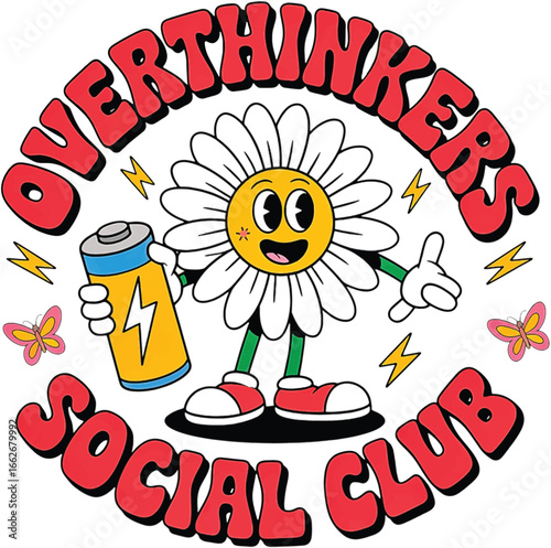 Fun Cartoon Daisy Character Holding Spray Can Overthinkers Social Club