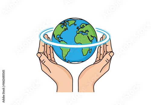Human hands cupping the world, a concept of global care, conservation, and sustainability.