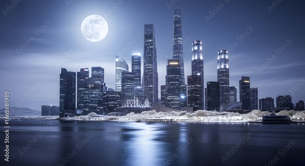 Obraz premium A full shot of a modern city skyline at night, illuminated by a large, vibrant moon, and reflecting on a calm body of water.