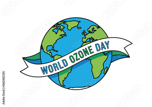 World Ozone Day illustration featuring a stylized globe with a banner proclaiming the event.