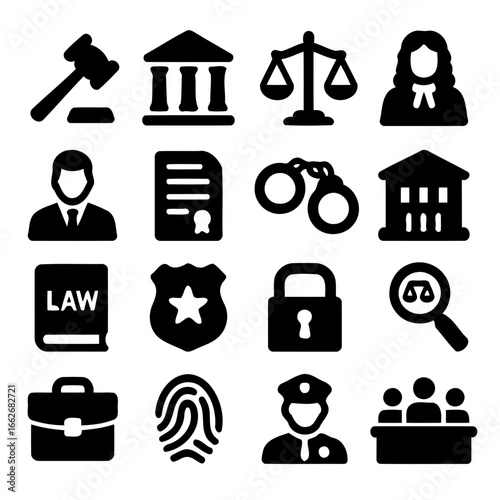Legal Icons in Monochrome: A comprehensive collection of meticulously crafted, monochrome icons representing the pillars of justice. Each symbol, from gavel to scales, reflects the essence of law.