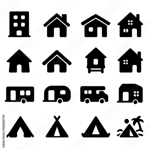 Black Building Icons: A collection of monochromatic building icons, each representing a different type of structure, from apartment building to camping tent. They are all neatly arranged.