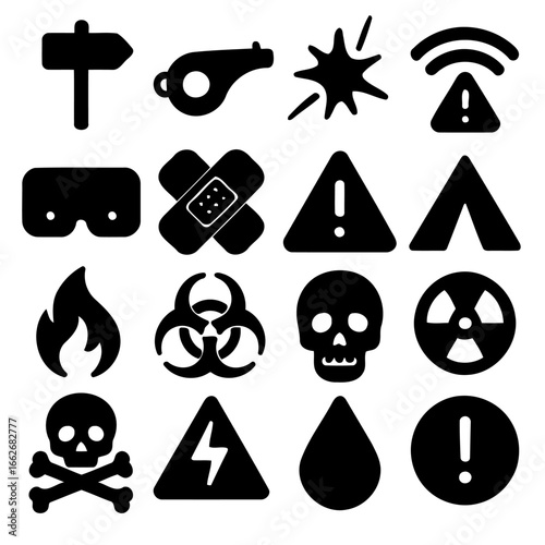 Warning Icons Set: A versatile set of impactful warning icons, each a symbol of alert and caution, depicted in simple shapes. These icons include signals related to hazards and dangers.