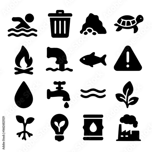 Environmental Awareness Iconography: A graphic arrangement of meticulously crafted icons serves as a potent visual language, communicating crucial environmental messages, including pollution.