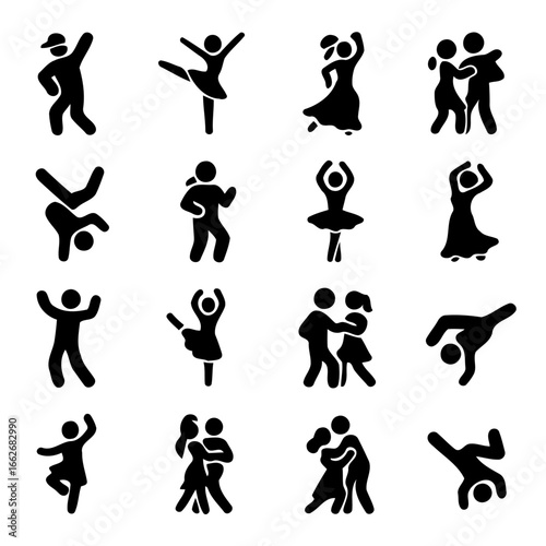 Silhouette Dance: Collection of dancing figures in silhouette representing various dance styles. A visual harmony and movement in art