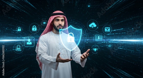 Arab businessman presenting cybersecurity solutions with shield and lock icons in a digital environment