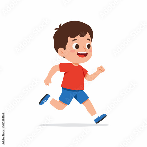 A cartoon illustration of a young boy with brown hair, wearing a red t-shirt and blue shorts, running happily with a cheerful expression.