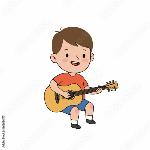 Cartoon illustration of a young boy sitting and playing an acoustic guitar with a happy expression.