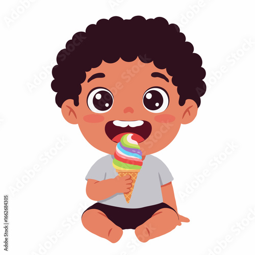 Cartoon illustration of a young, dark-skinned boy with curly hair enjoying a colorful rainbow ice cream cone.