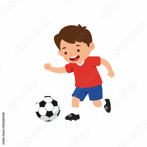 Cartoon illustration of a young boy in a red shirt and blue shorts kicking a soccer ball with enthusiasm.