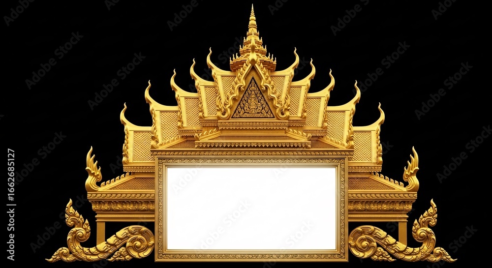 Fototapeta premium Ancient gold leaf Thai temple door decoration depicting intricate Buddhist art