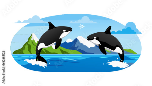 Two orcas jumping out of the water with mountains and clouds in the background illustration