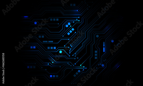 Abstract blue circuit board technology connected lines electronics elements computer motherboard chip processor semiconductor digital on black background vector