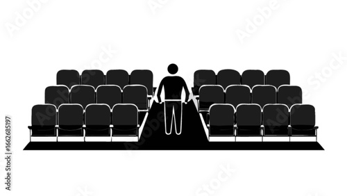 Illustration of a person standing in an auditorium with rows of seats in black and white design style