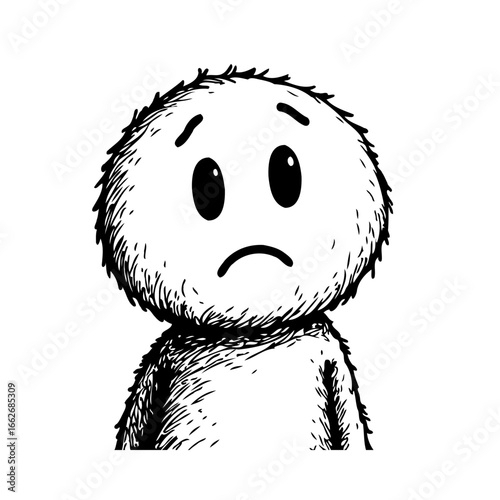 A forlorn fluffy character with deep sadness illustrated in simple strokes revealing vulnerability