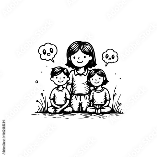 A heartwarming bond depicted through charming line art: A mother's love shining on her children's