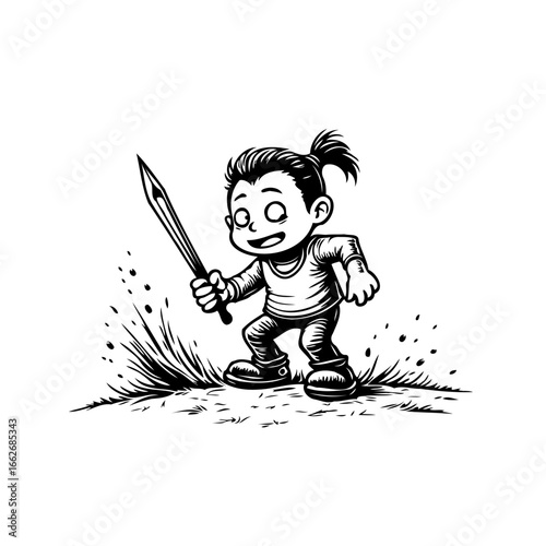 A playful young adventurer with a sword, embodying courage and imagination ready for extraordinary