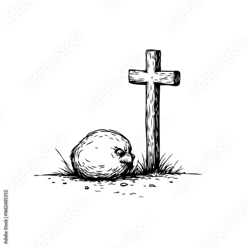 A melancholic illustration of a spherical birdlike creature near a grave marked by a weathered