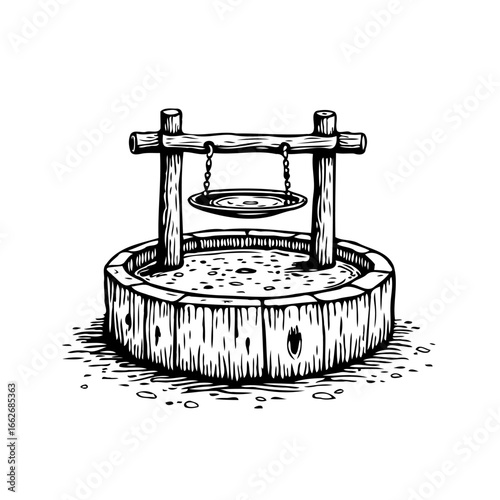 A rustic drawing of a traditional stone water well structure showcasing aged lumber and iron