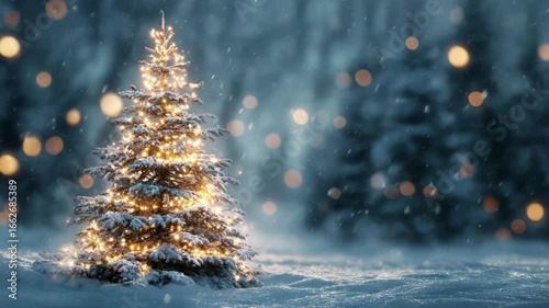 Magical Christmas tree with festive light in peaceful snowy winter forest