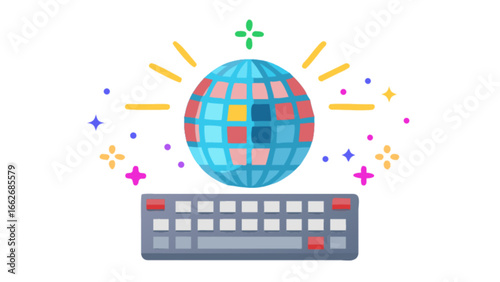 Illustration of a disco ball with keyboard and sparkles creating a festive and playful scene online party