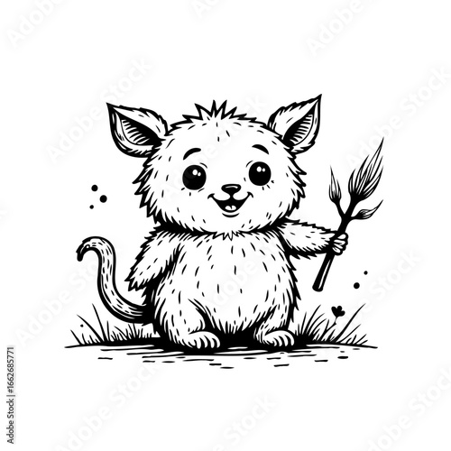 Adorable cartoon creature holding a twig with leaves showcasing innocence and playful whimsical