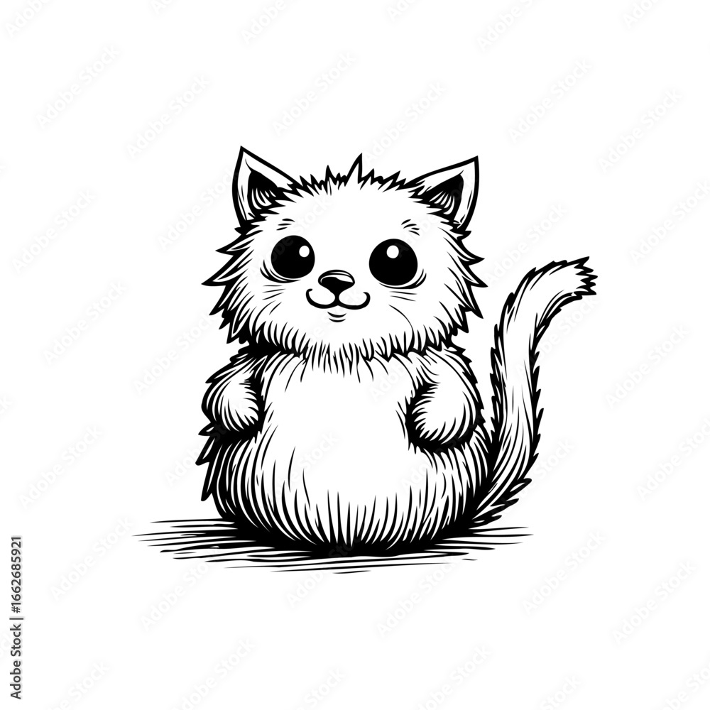 Fototapeta premium Adorable fluffy kitten drawing in black and white showcasing simplistic artistic expression with