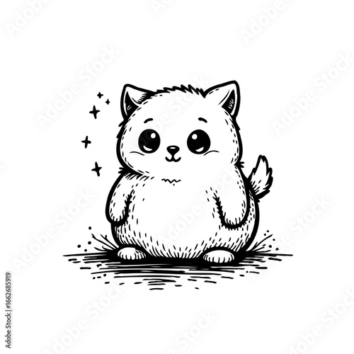 Adorable fluffy kitten illustration with sparkling accents evoking childish delight and innocence