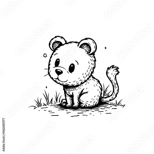 Adorable hand drawn cartoon style sketch of a cute animal cub sitting on grass in black and white